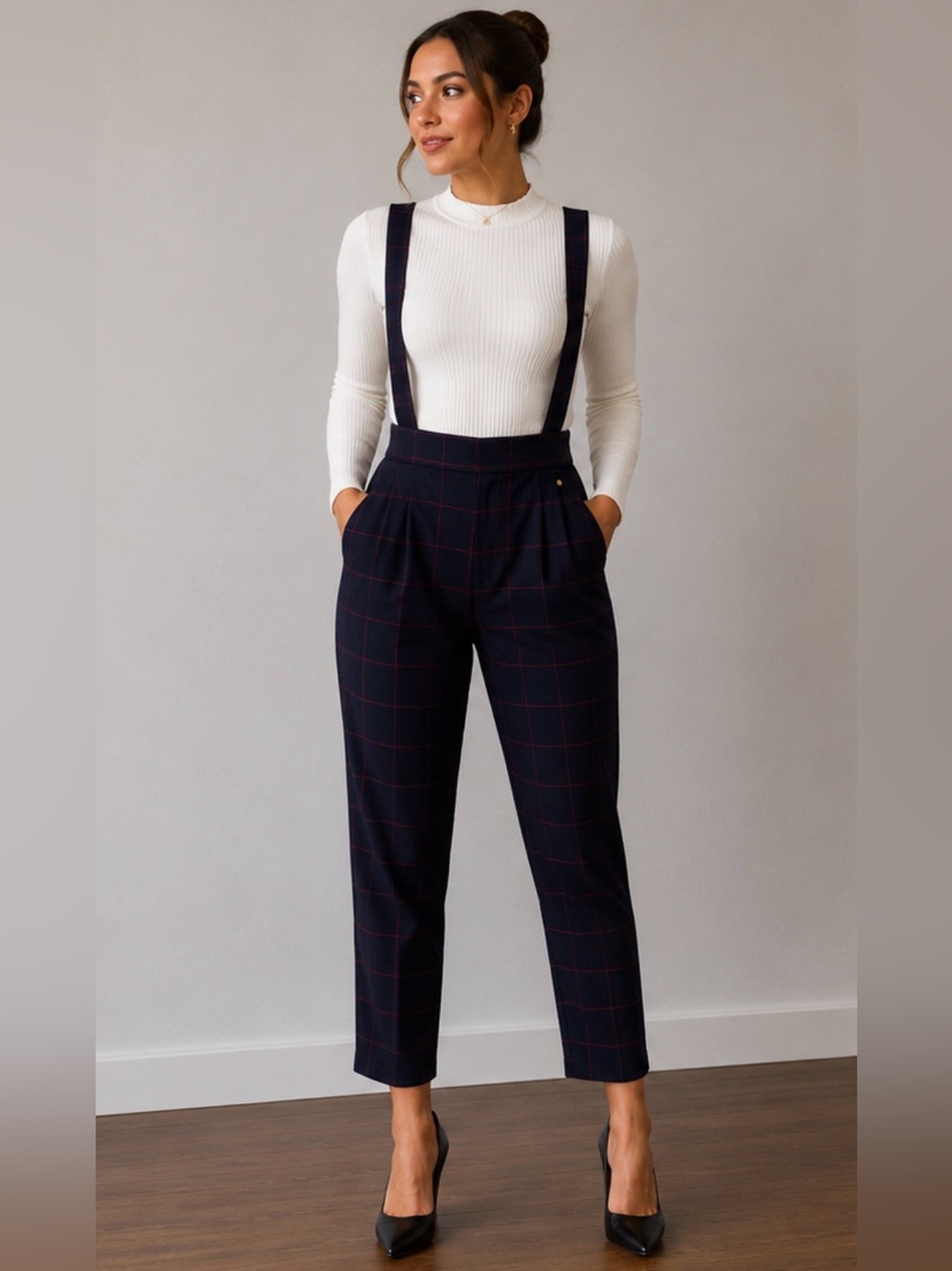 Harlyn Navy Plaid Suspender Pants Size 6P High Waist Adjustable Straps